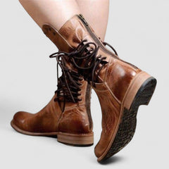 Vintage lace-up ankle boots with low block heel and stud-detailed cuff in brown, grey and black