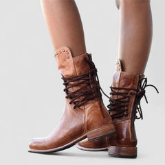 Vintage lace-up ankle boots with low block heel and stud-detailed cuff in brown, grey and black