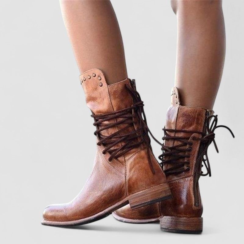 Vintage lace-up ankle boots with low block heel and stud-detailed cuff in brown, grey and black