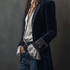 Women's vintage embroidered longline jacket with ornate lapel and cuff detailing