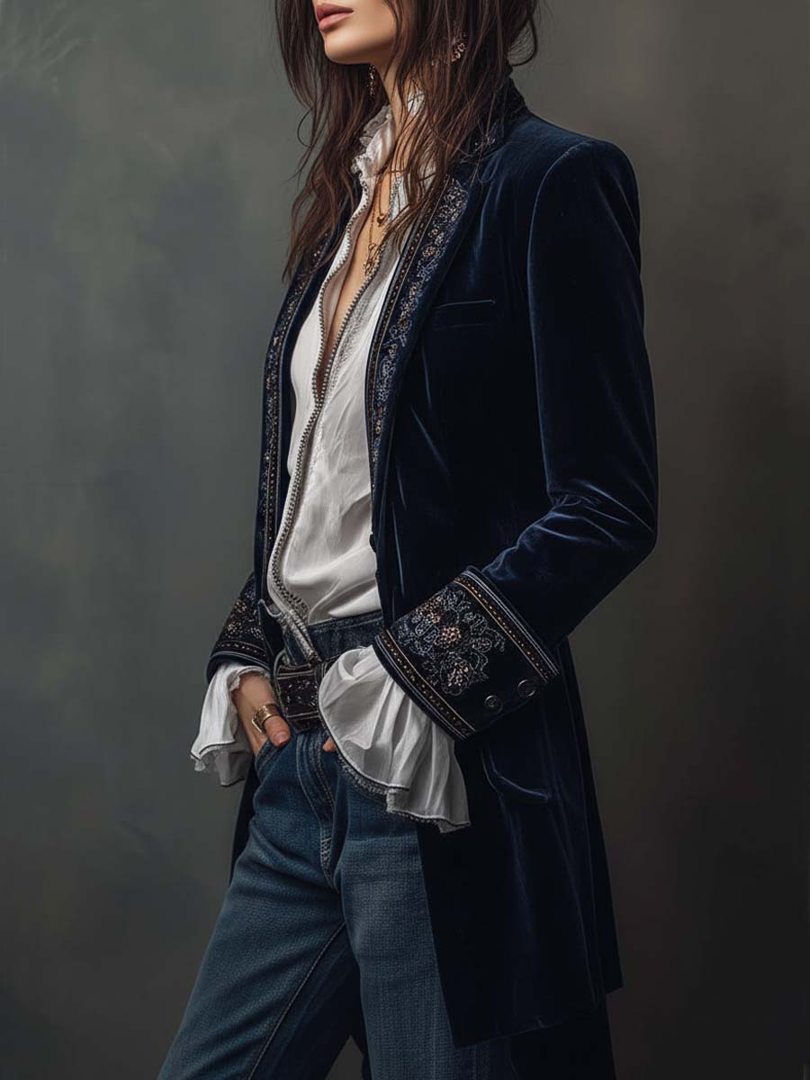 Women's vintage embroidered longline jacket with ornate lapel and cuff detailing