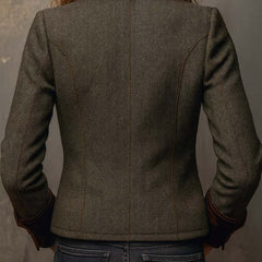 Olive herringbone blazer with contrast collar and cuff trim and structured tailored silhouette