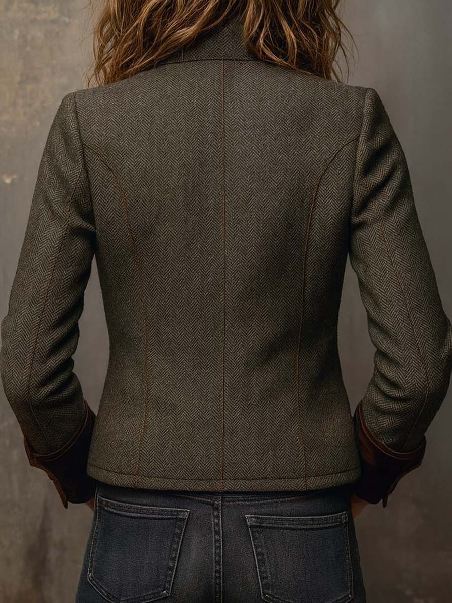 Olive herringbone blazer with contrast collar and cuff trim and structured tailored silhouette