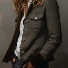 Olive herringbone blazer with contrast collar and cuff trim and structured tailored silhouette