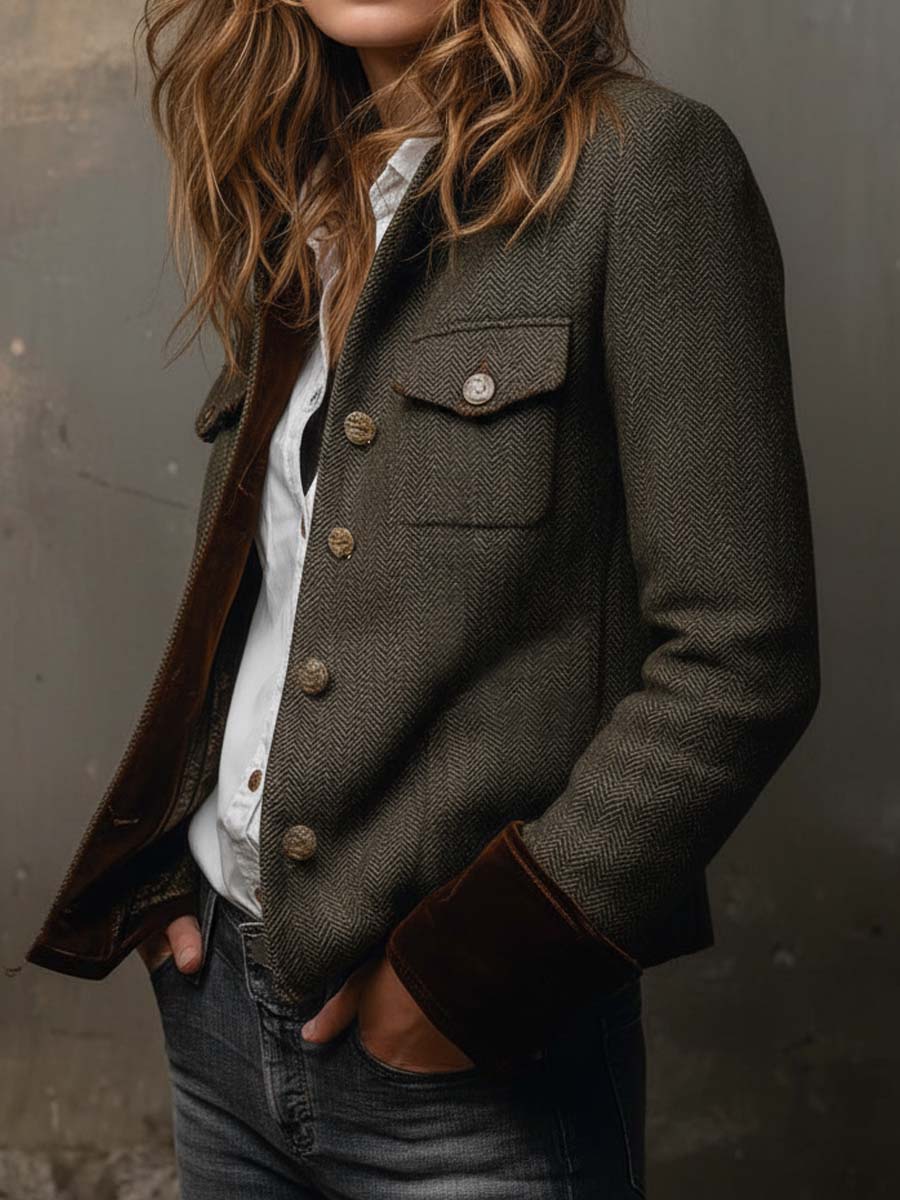 Olive herringbone blazer with contrast collar and cuff trim and structured tailored silhouette