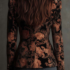 Women's tailored single-breasted blazer in black with a bronze floral print