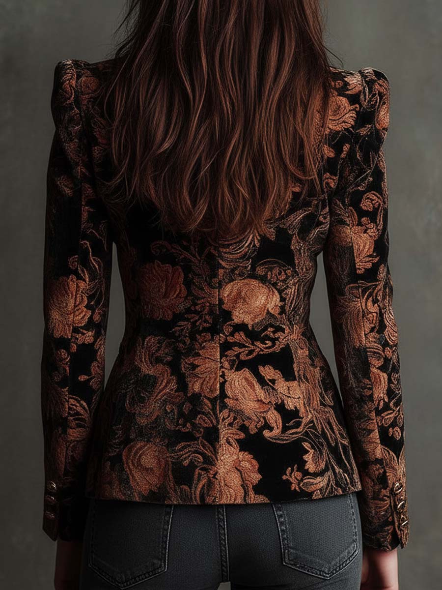 Women's tailored single-breasted blazer in black with a bronze floral print