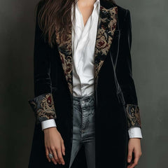 Women's black baroque print slim fit blazer with statement lapels and single-breasted front