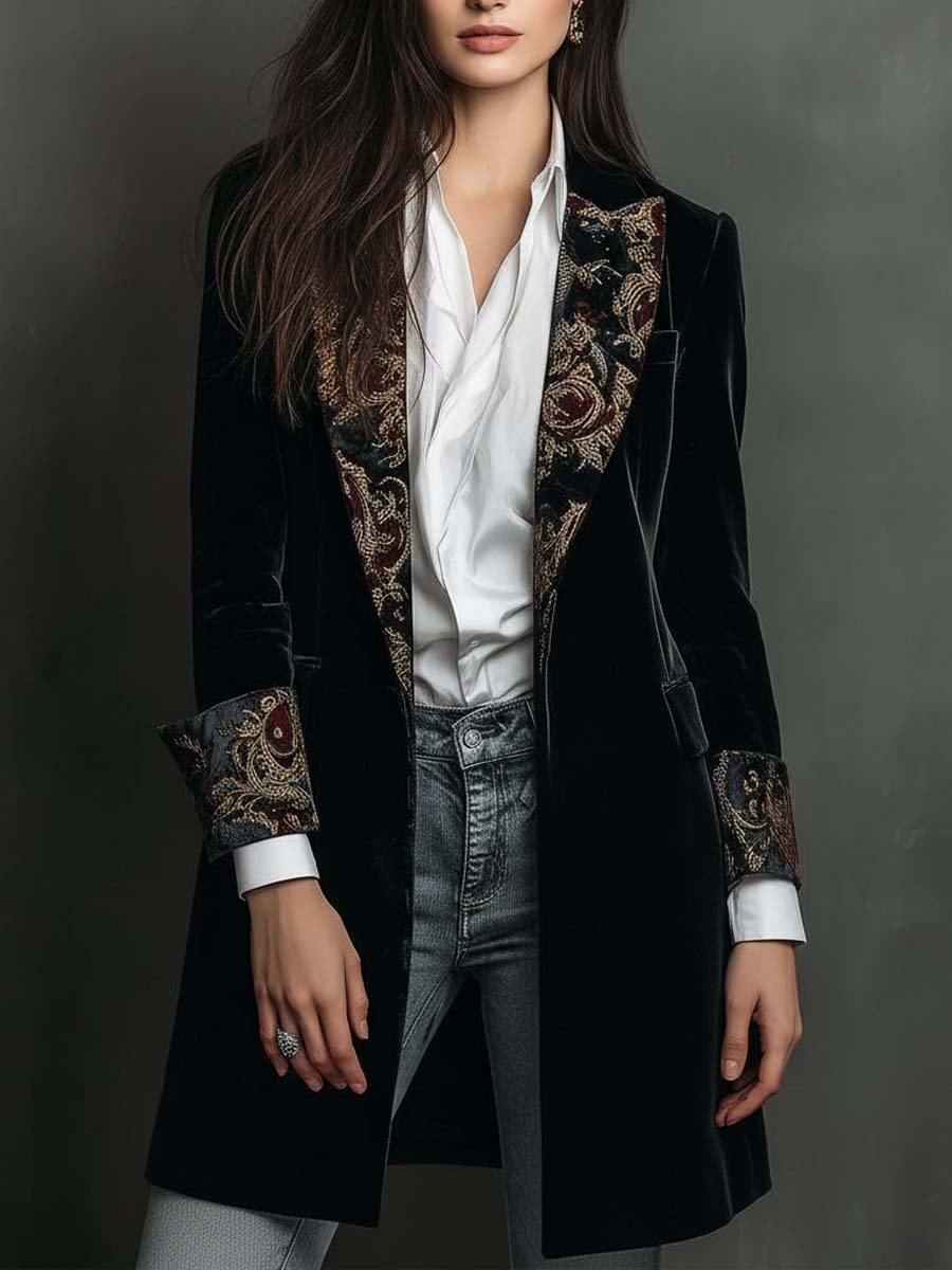 Women's black baroque print slim fit blazer with statement lapels and single-breasted front