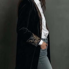 Women's black baroque print slim fit blazer with statement lapels and single-breasted front