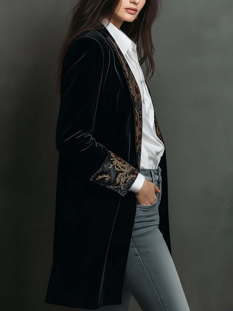 Women's black baroque print slim fit blazer with statement lapels and single-breasted front