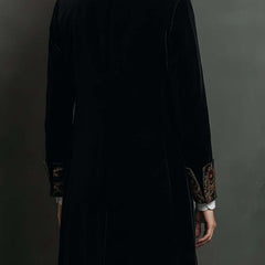 Women's black baroque print slim fit blazer with statement lapels and single-breasted front
