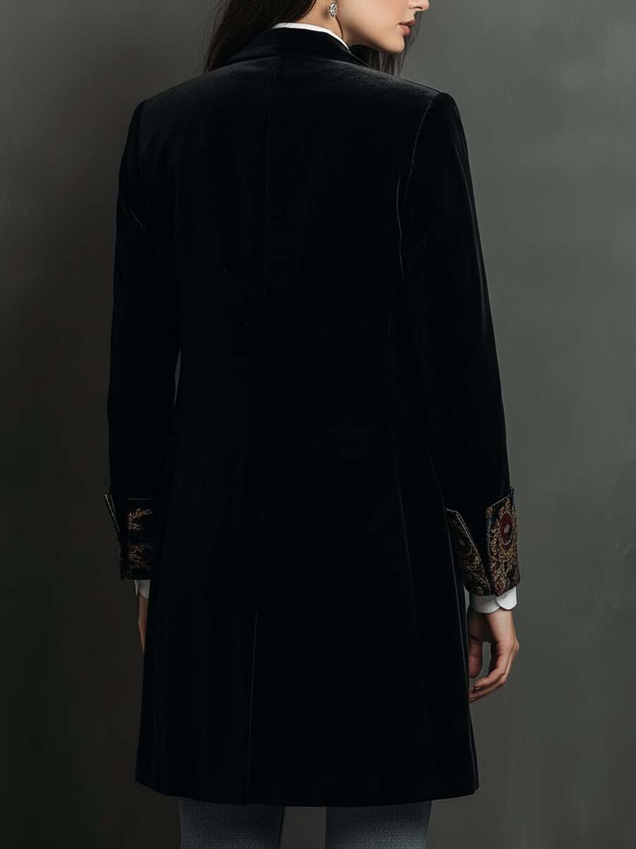 Women's black baroque print slim fit blazer with statement lapels and single-breasted front