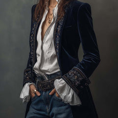 Women's vintage embroidered longline jacket with ornate lapel and cuff detailing
