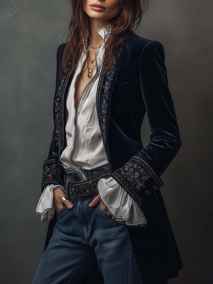 Women's vintage embroidered longline jacket with ornate lapel and cuff detailing