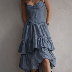 Boho corset midi dress with tiered skirt and delicate lace trim at the neckline