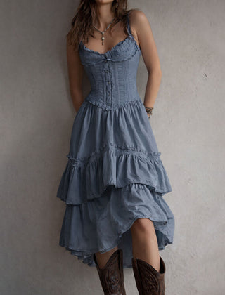 Boho corset midi dress with tiered skirt and delicate lace trim at the neckline