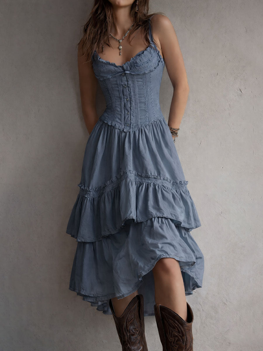 Boho corset midi dress with tiered skirt and delicate lace trim at the neckline