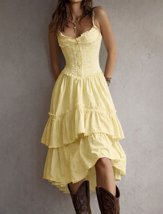 Boho corset midi dress with tiered skirt and delicate lace trim at the neckline