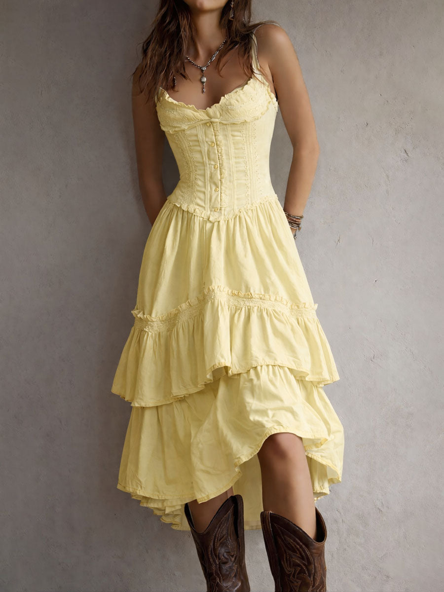 Boho corset midi dress with tiered skirt and delicate lace trim at the neckline