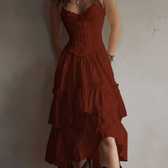 Boho corset midi dress with tiered skirt and delicate lace trim at the neckline
