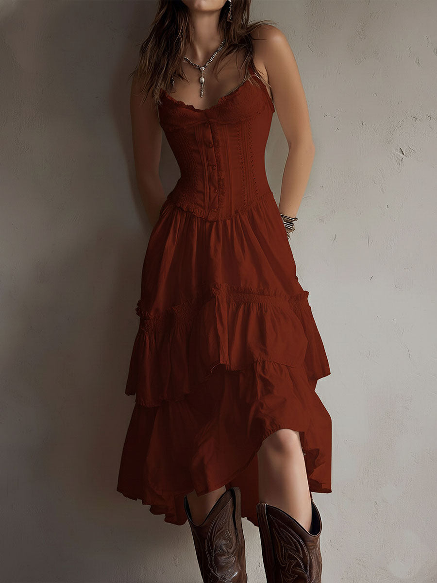 Boho corset midi dress with tiered skirt and delicate lace trim at the neckline