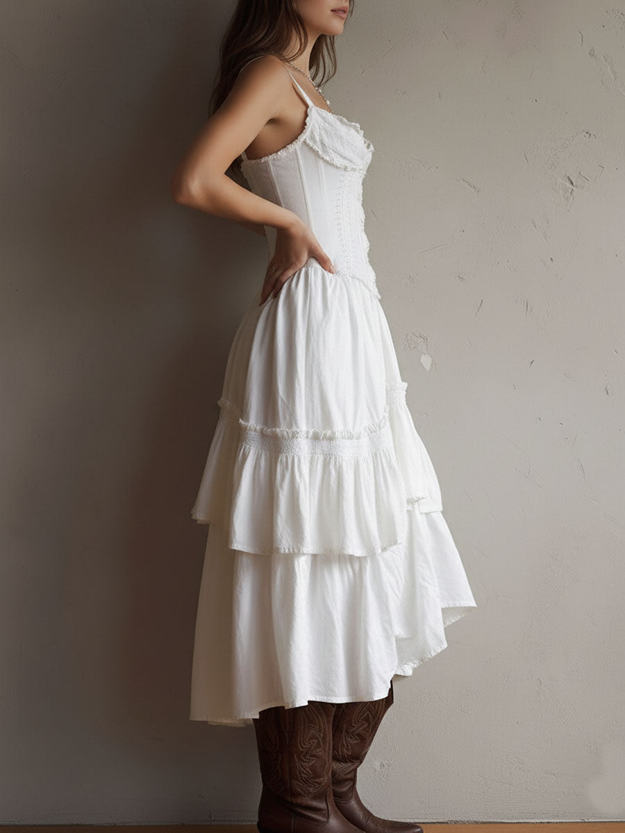 Boho corset midi dress with tiered skirt and delicate lace trim at the neckline