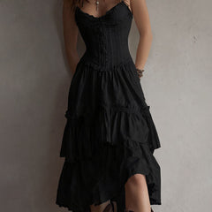 Boho corset midi dress with tiered skirt and delicate lace trim at the neckline