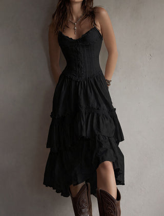 Boho corset midi dress with tiered skirt and delicate lace trim at the neckline