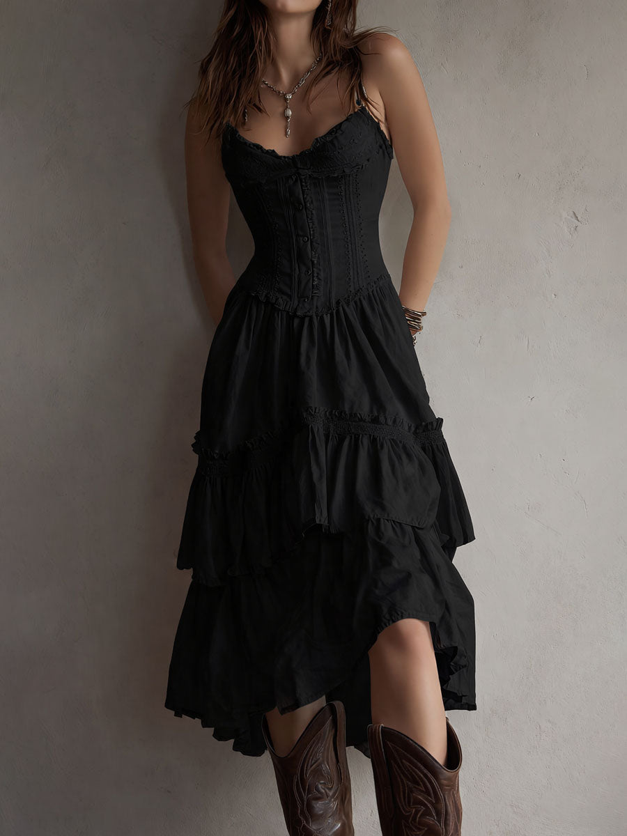 Boho corset midi dress with tiered skirt and delicate lace trim at the neckline