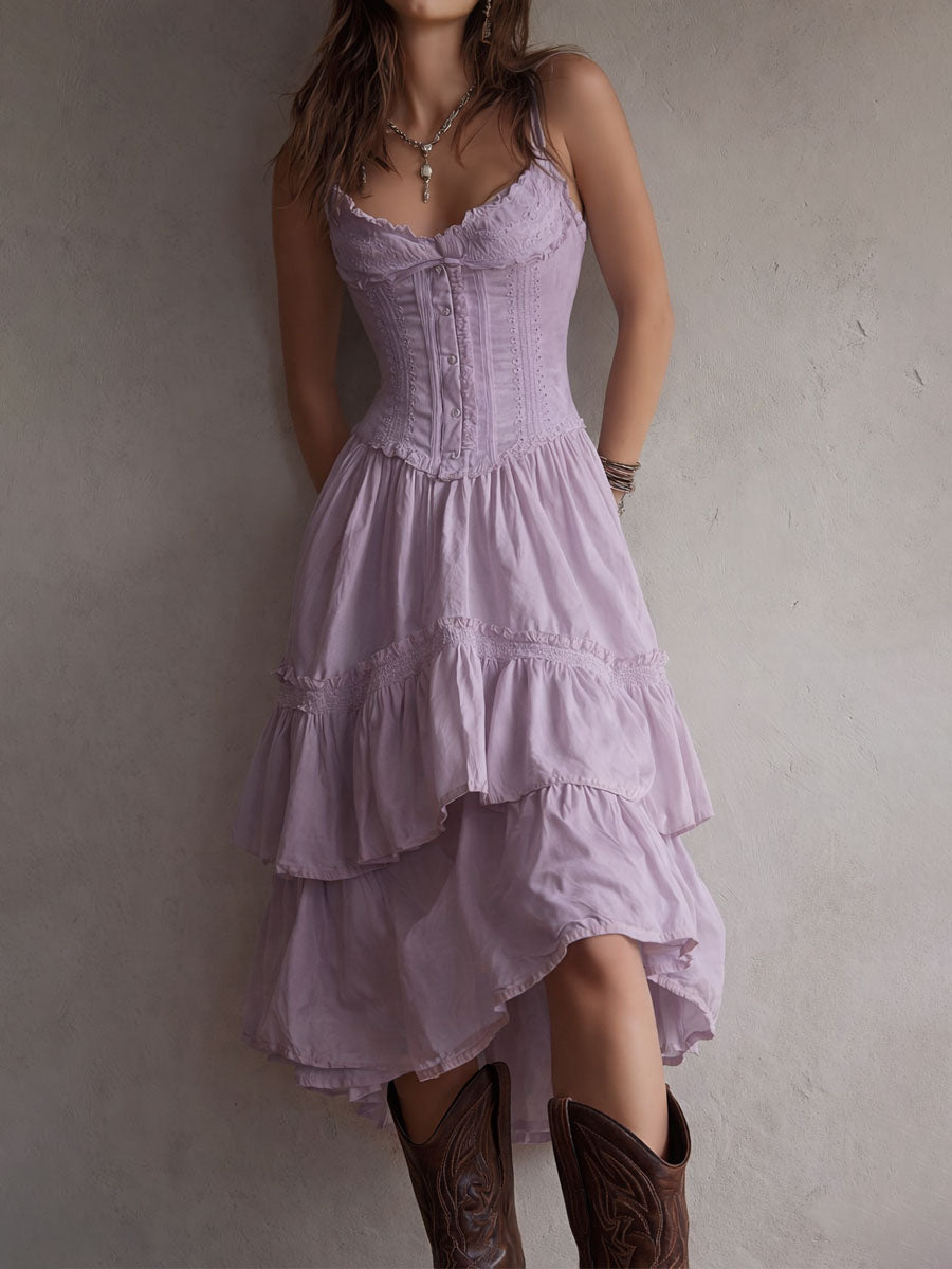 Sutton | Retro Boho Corset Tiered Midi Dress with Lace Trim