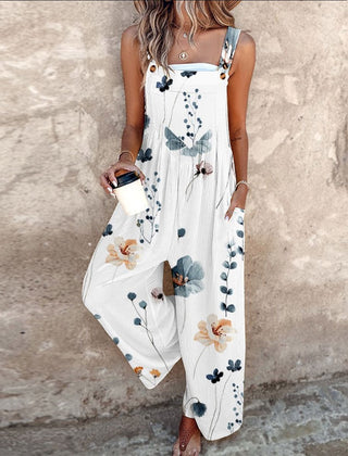 Printed wide-leg jumpsuit with adjustable straps for women