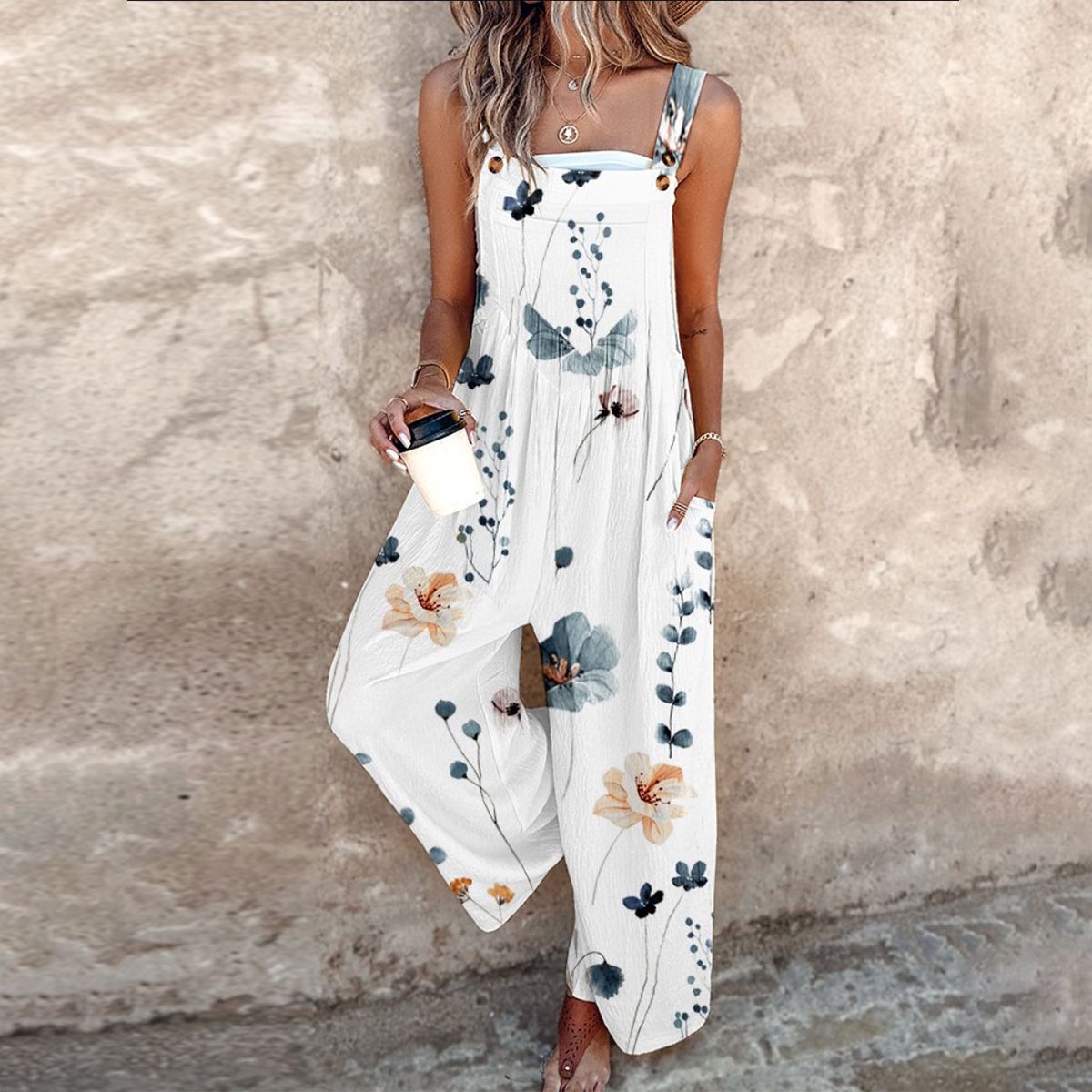 Printed wide-leg jumpsuit with adjustable straps for women