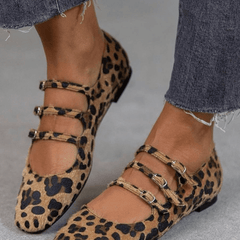 Leopard print flats with triple-buckle detail and a soft cushioned sole