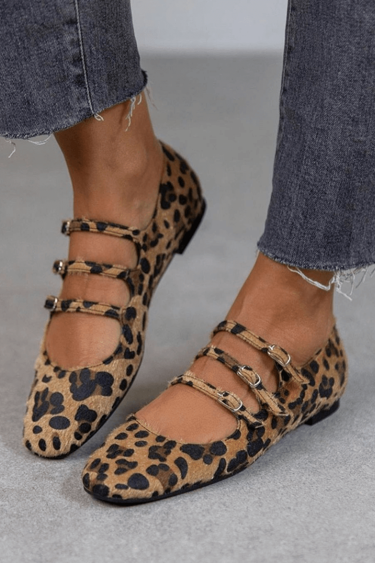 Leopard print flats with triple-buckle detail and a soft cushioned sole