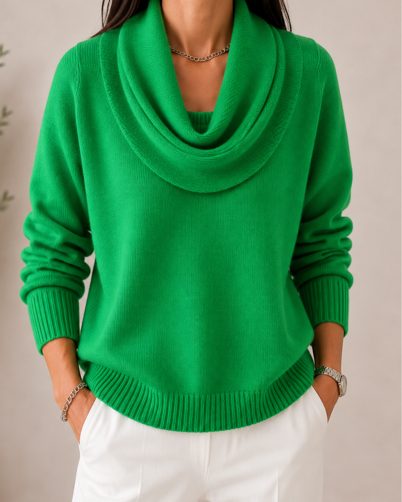 Caralina elegant cowl neck knit jumper with softly draped neckline and relaxed fit