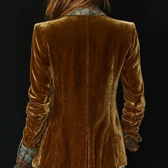 Brown vintage floral patchwork blazer with structured lapel for women