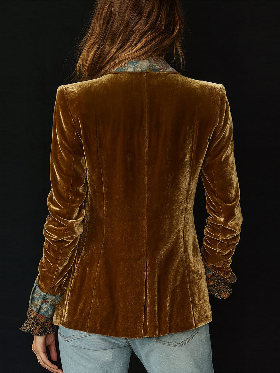 Brown vintage floral patchwork blazer with structured lapel for women