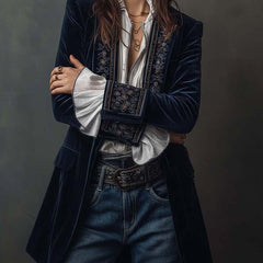 Women's vintage embroidered longline jacket with ornate lapel and cuff detailing