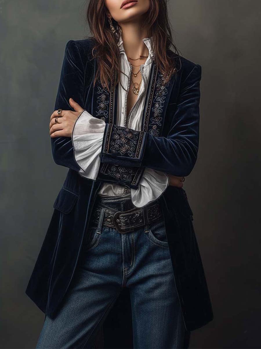 Women's vintage embroidered longline jacket with ornate lapel and cuff detailing