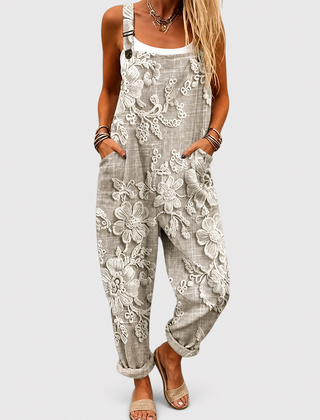 Gray printed wide-leg jumpsuit with adjustable straps for women