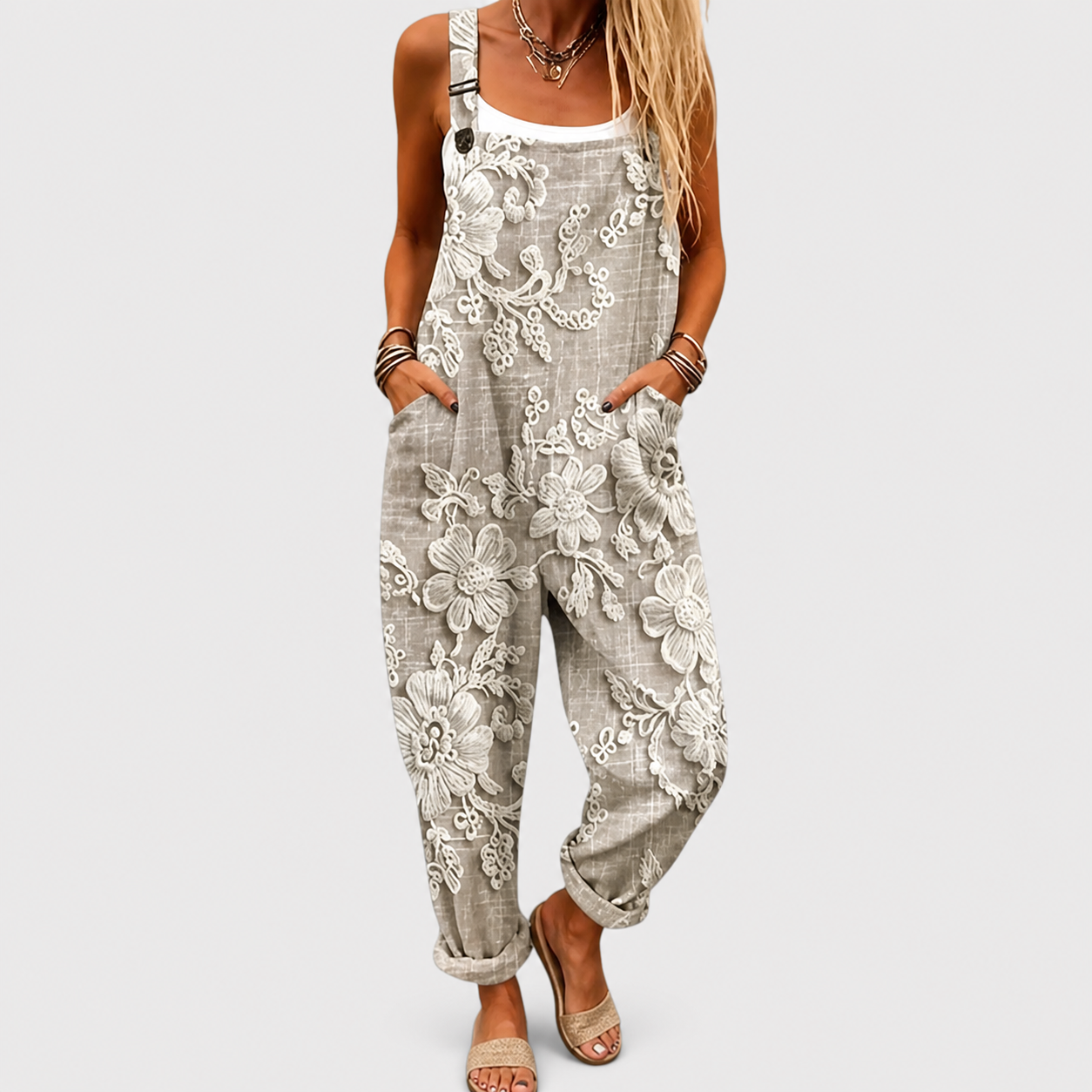 Gray printed wide-leg jumpsuit with adjustable straps for women