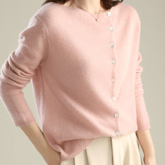 Women's V-neck button-front long sleeve cardigan with softly shaped collar and hip-length hem