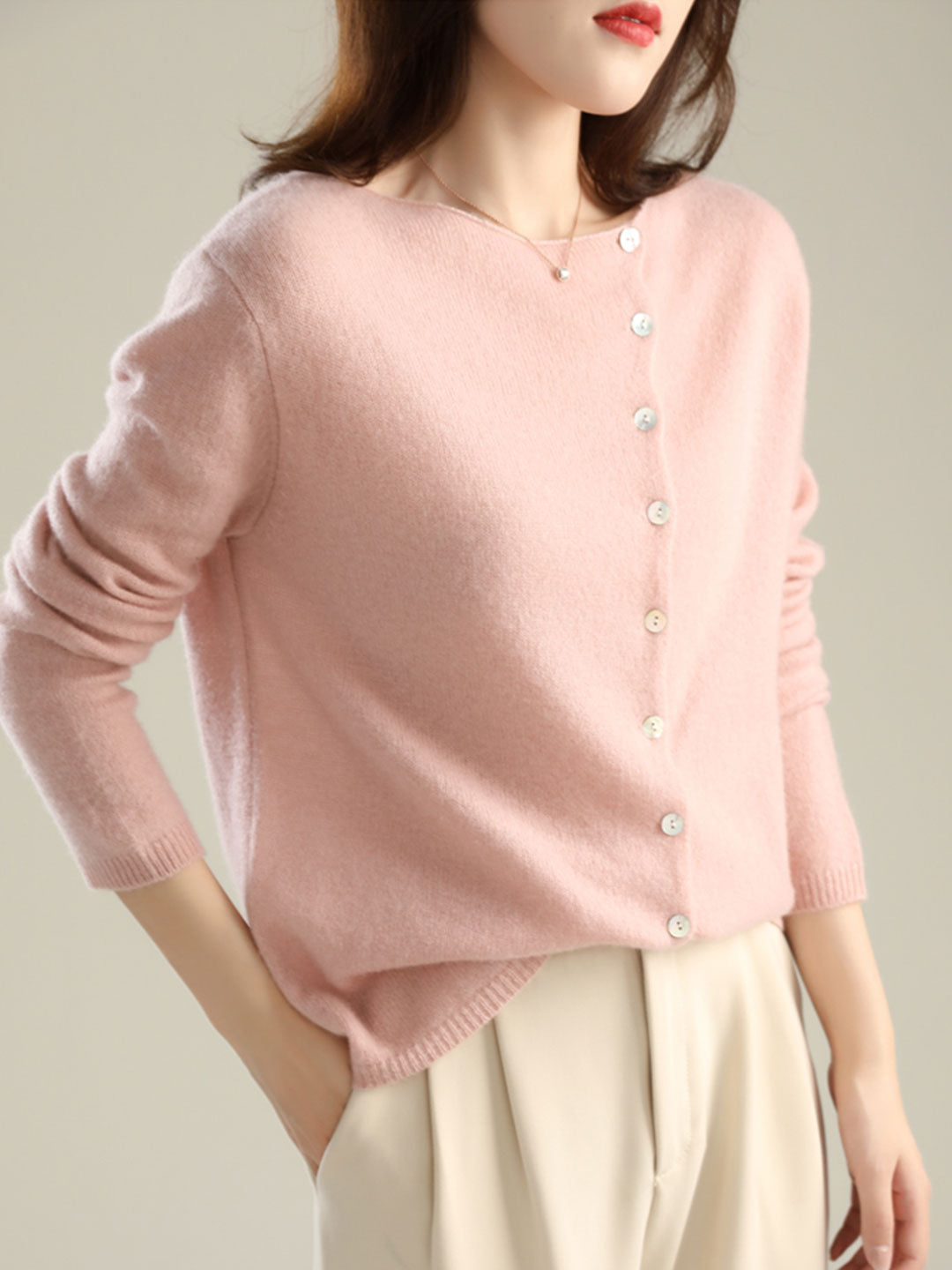 Women's V-neck button-front long sleeve cardigan with softly shaped collar and hip-length hem