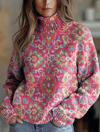 Retro floral turtleneck knit sweater in multicolour with a relaxed fit and ribbed cuffs