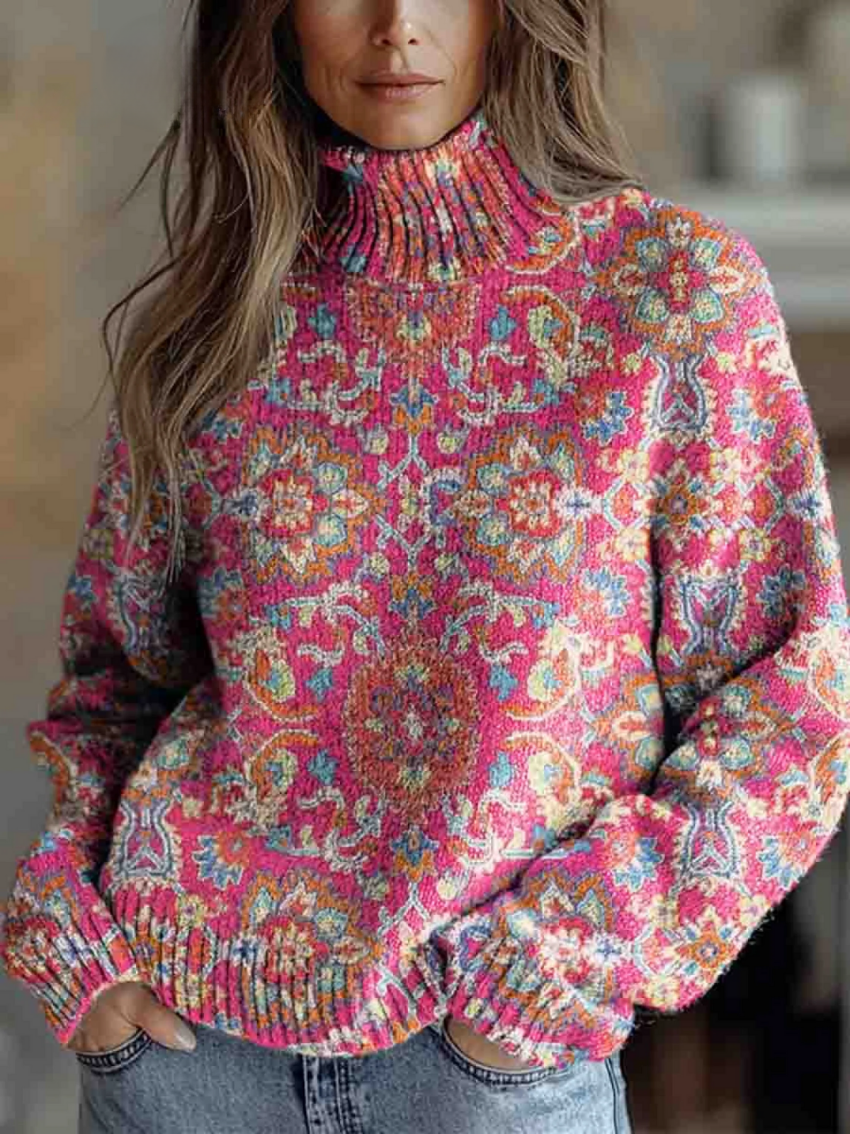 Retro floral turtleneck knit sweater in multicolour with a relaxed fit and ribbed cuffs
