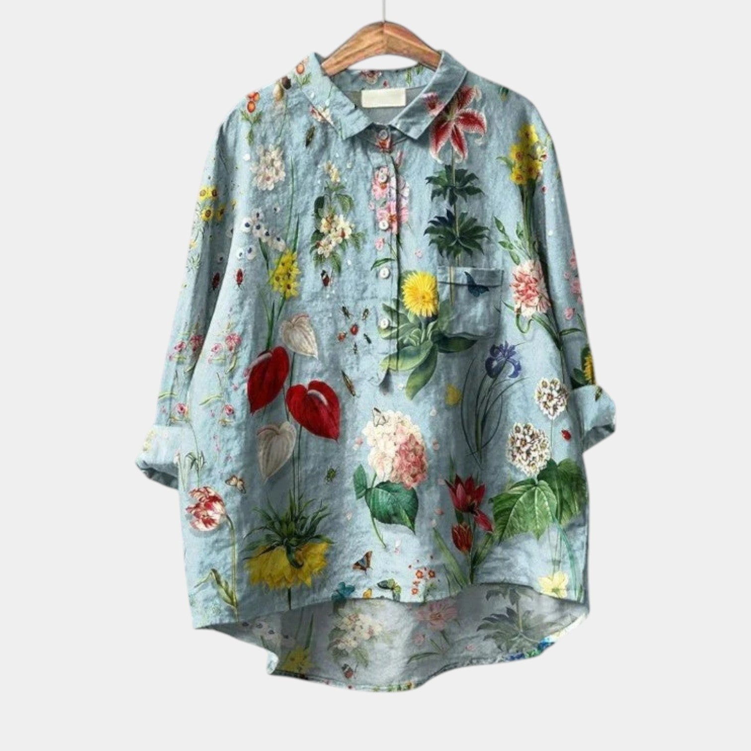 Elegant printed long-sleeve summer blouse for women, relaxed skimming fit
