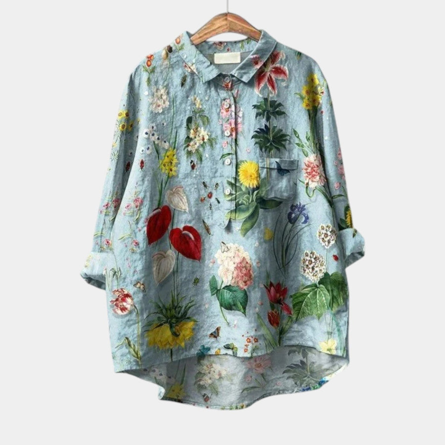Elegant printed long-sleeve summer blouse for women, relaxed skimming fit