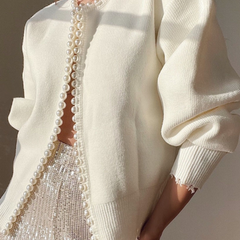 Pearl-trimmed soft knit cardigan for women in black and white