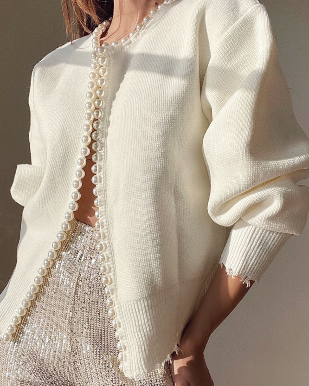 Pearl-trimmed soft knit cardigan for women in black and white